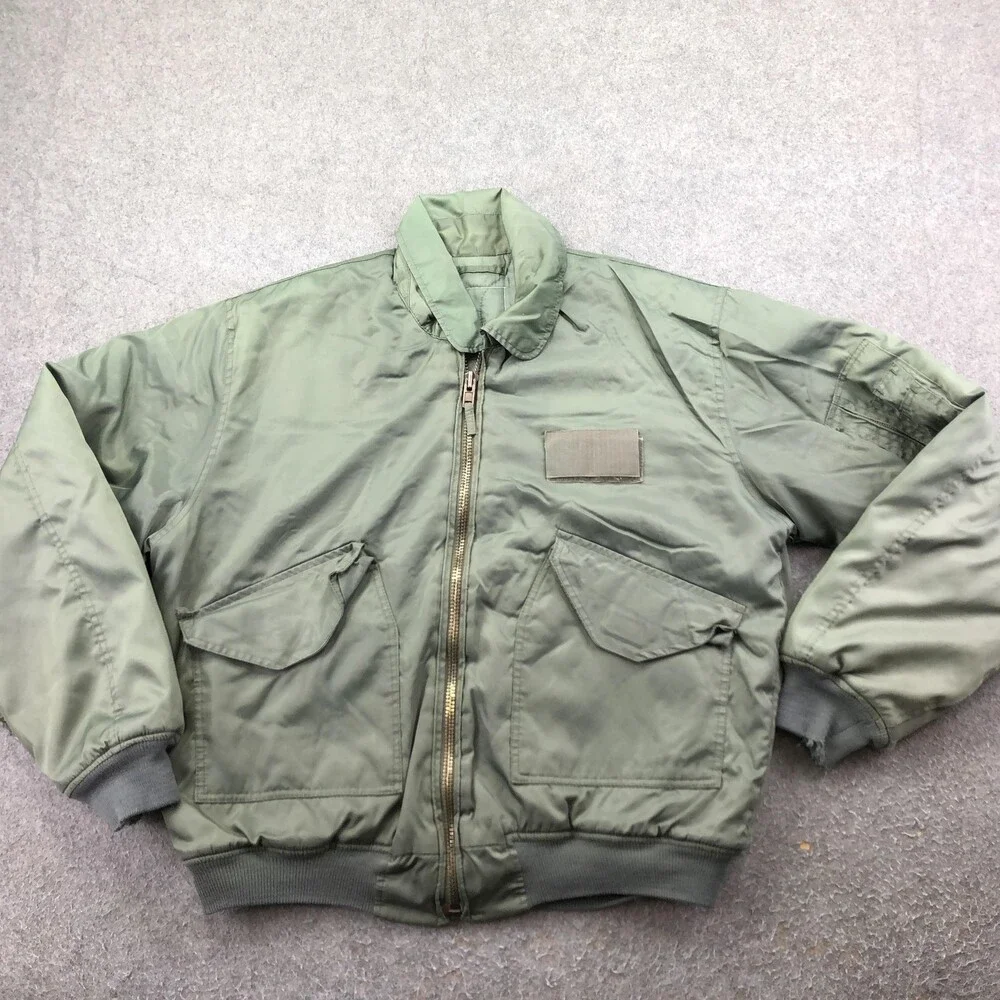 Military Jacket Mens Large Green Nylon Bomber Full Zip Insulated Army Pockets